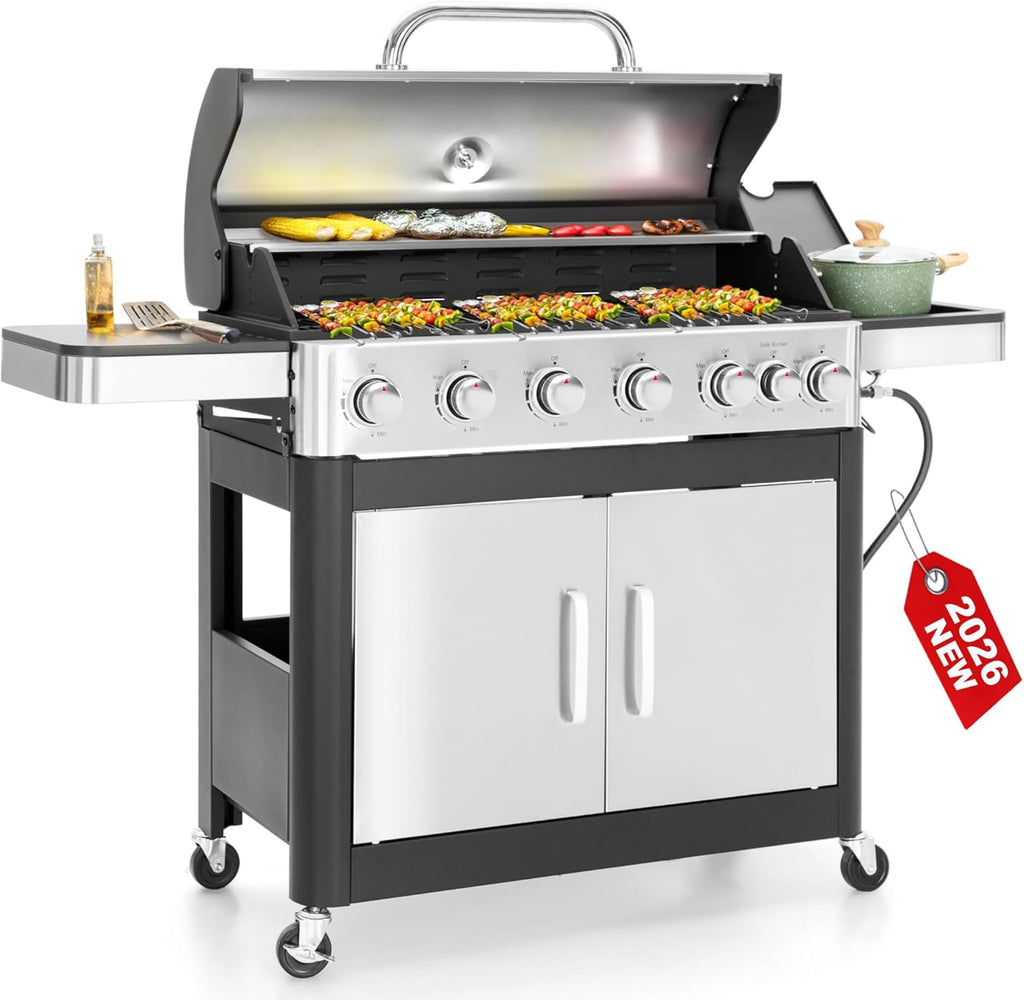 6-Burner Propane Gas Grill with Side Burner, 65,800 BTU BBQ Grill with Porcelain-Enameled Cast Iron Grates, 665 Sq. In. Cooking Area for Patio, Backyard, and Camping