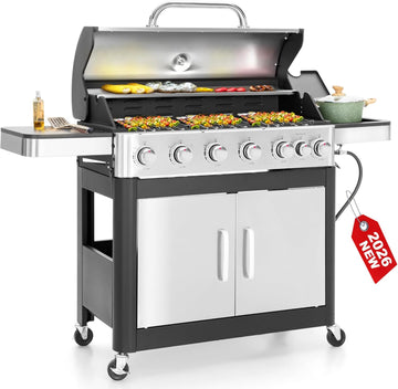 6-Burner Propane Gas Grill with Side Burner, 65,800 BTU BBQ Grill with Porcelain-Enameled Cast Iron Grates, 665 Sq. In. Cooking Area for Patio, Backyard, and Camping