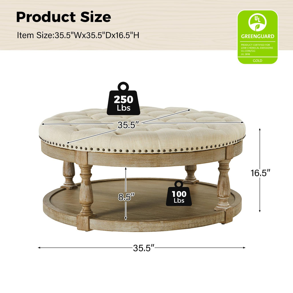 Large Round Ottoman Coffee Table with Storage, Button Tufted Cocktail Ottoman with Shelf & Solid Wood Legs