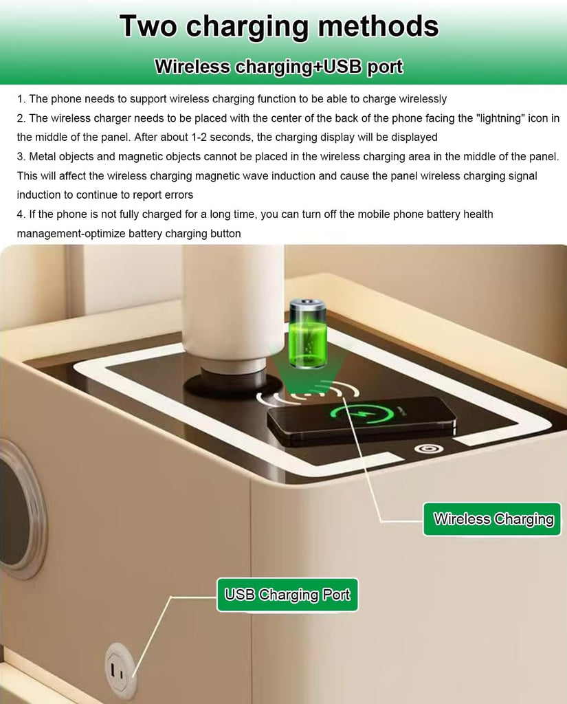 Smart Narrow Nightstand with 3 Drawers 11.8" W x 15.7" D x 25.2" H, Charging Nightstand, Modern Leather Bedside