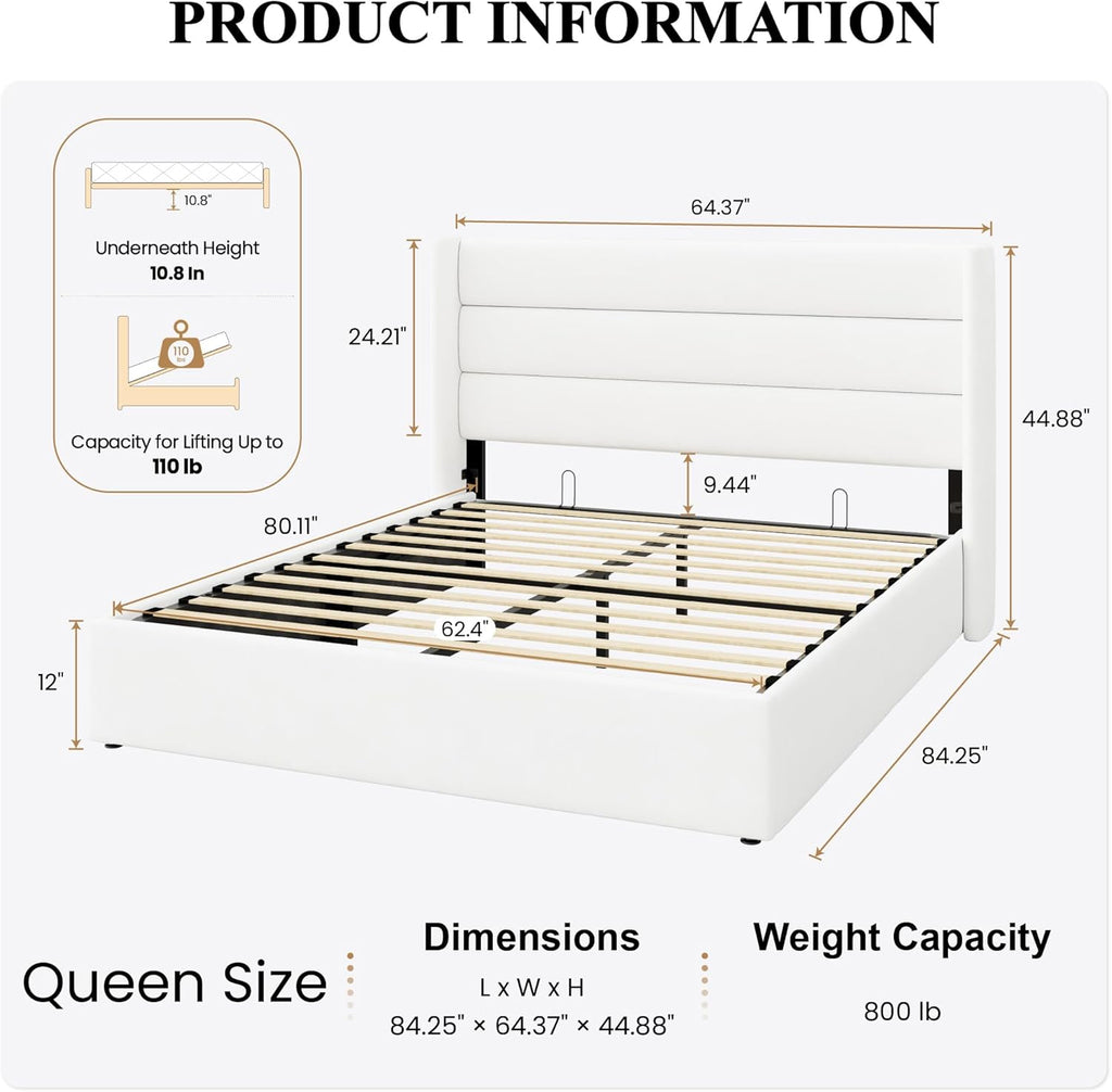 Queen Lift Up Storage Bed/Velvet Upholstered/Modern Wingback Headboard/Upholstered Platform Bed Frame/Hydraulic