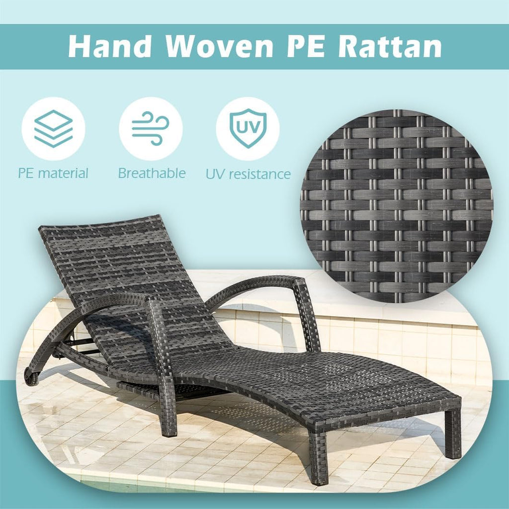 Chaise Lounge Chairs Outdoor Set of 4, Comfy Outside Wicker Patio Pool Lounge Chair w/ 5 Adjustable Back Angle, Cup