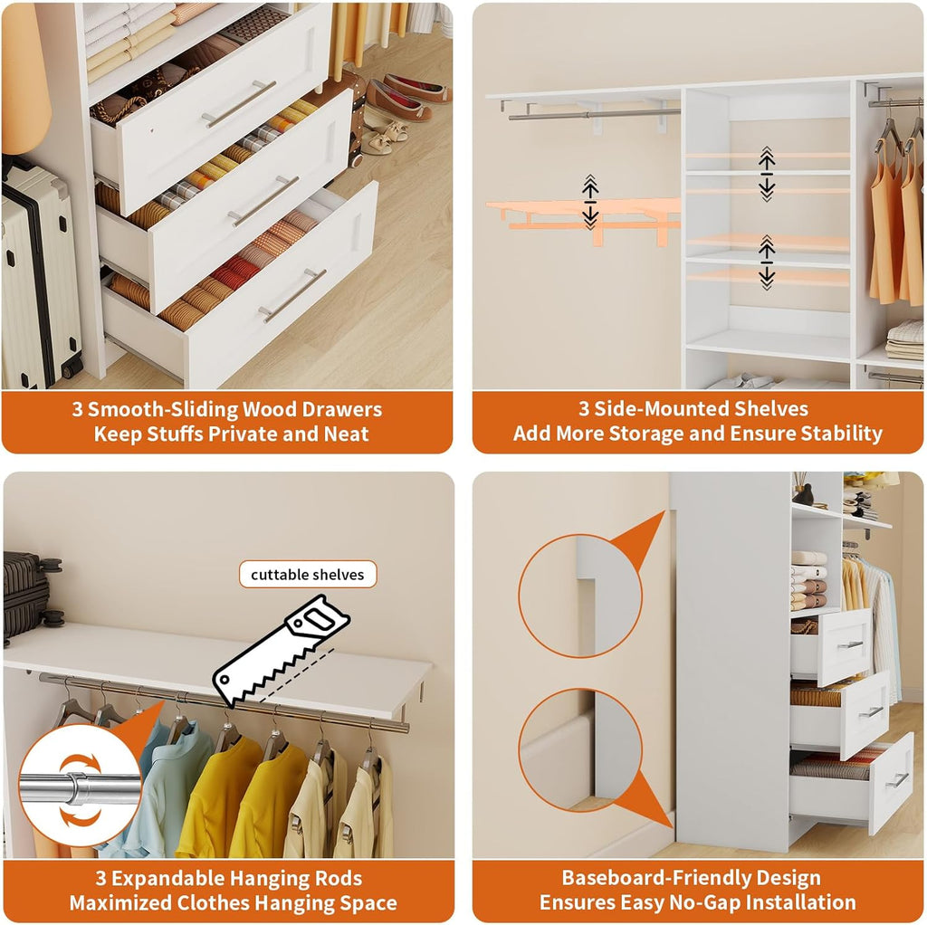 Closet System with Drawers, 5-7.61FT Closet Organizer System with Cuttable Shelves & 3 Expandable Hanging Rods, 96"