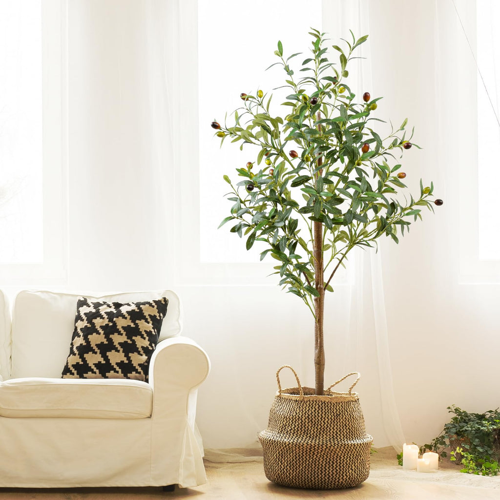 4FT Artificial Olive Tree Indoor, Tall Faux Olive Tree with Pot&Basket, Large Fake Olive Tree with Realistic 576 Silk