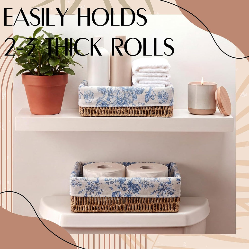 Blue Floral Toilet Paper Storage Basket Set of 2 Chinoiserie Floral Decorative Wicker Bathroom Organizer for Toilet