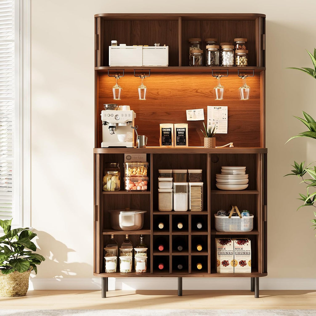 71" Tall Fluted Wine Bar Cabinet with Storage Walnut