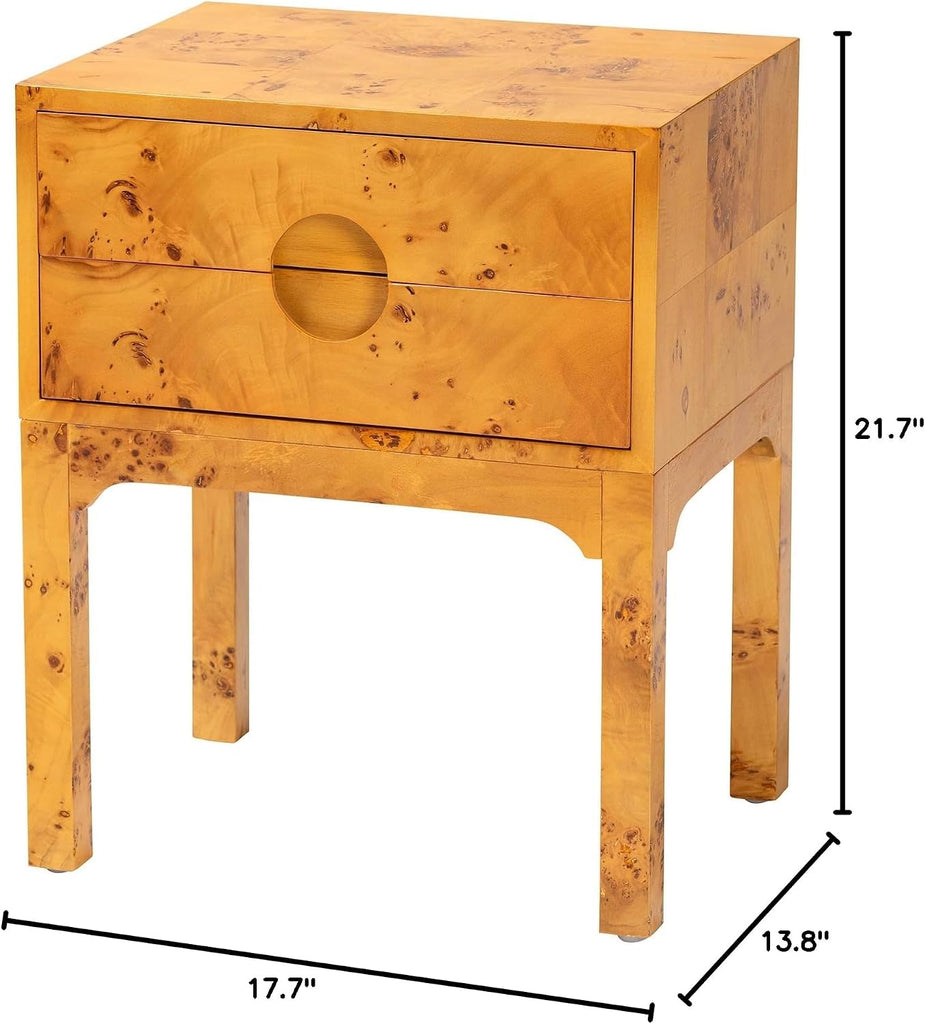Kayla Modern and Contemporary Real Mappa Burl Wood 2-Drawer Nightstand