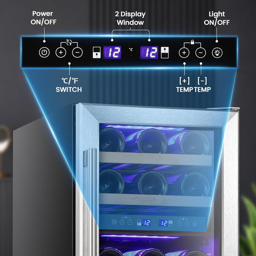 Wine Fridge 15" Wine Cooler Under Counter Beverage Refrigerator Beer Mini Fridge 28 Bottles Dual Zone Built