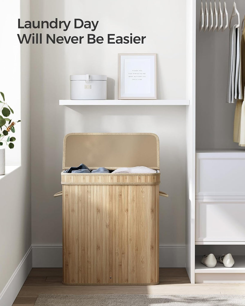 Laundry Hamper with Lid, Bamboo Laundry Basket, Removable Machine Washable Laundry Basket, with Handles