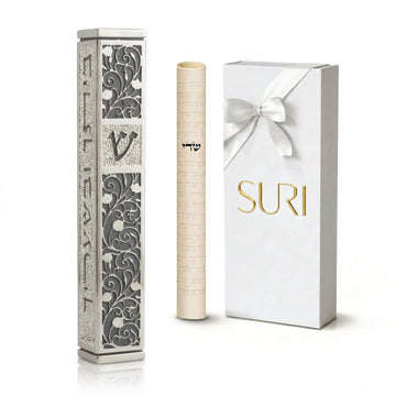 7" Silver & Gray Metal Mezuzah Case with Non Kosher Scroll for Door