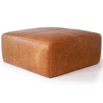 Sequoia Ottoman - 35" Square Pouf with Feather-Down Topper - Full-Grain Leather Upholstered Pouf Ottoman - Vintage