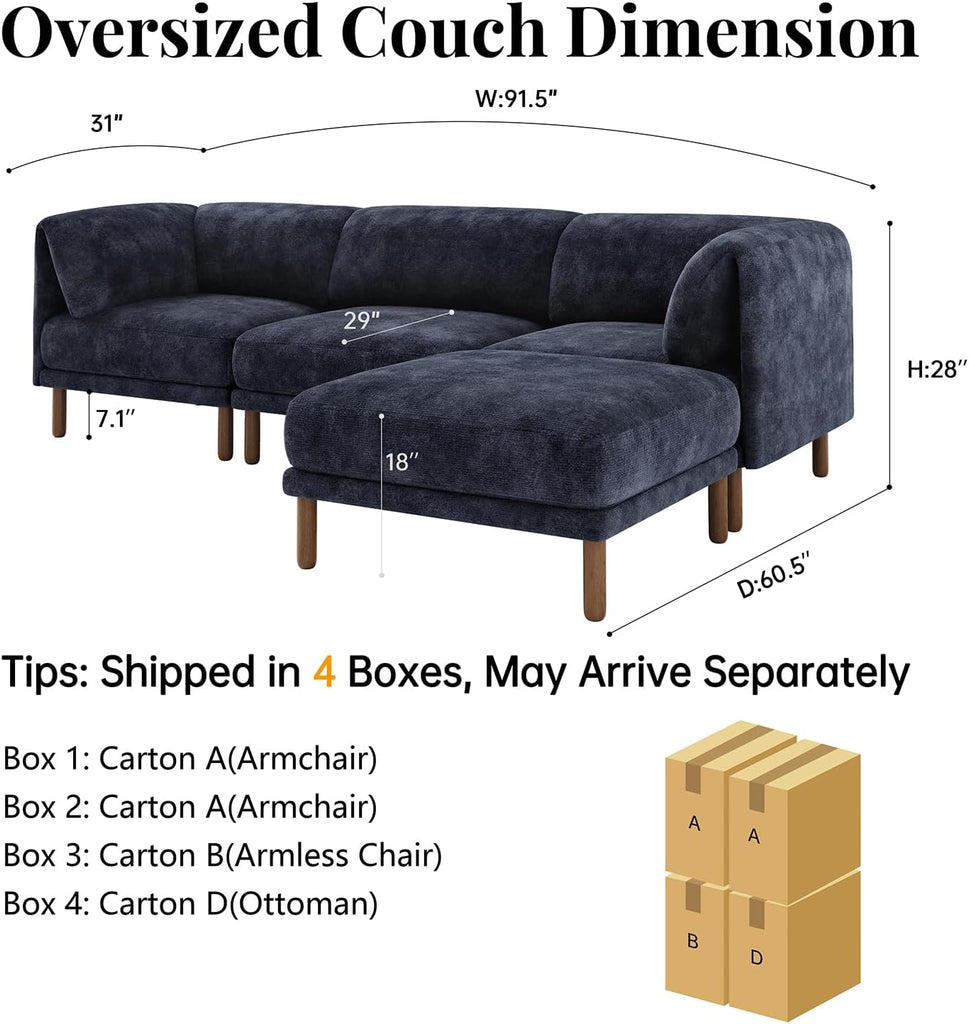 Modular Sectional Sofa,4 Seater L-Shaped Mid Century Modern Couch, Deep Seat Modular Couch, Chenille Comfy Solid Wood