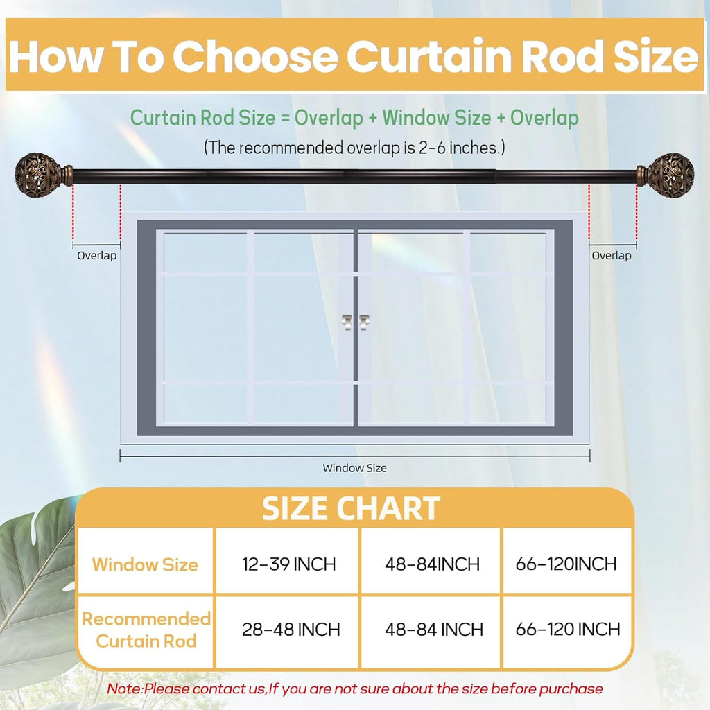 Curtain Rods For Windows, 1 Inch Heavy-Duty Adjustable Decorative Curtain Rods With Branches Leaves