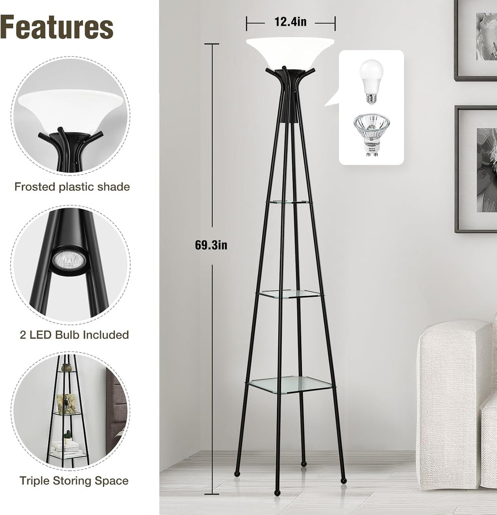 Floor Lamp with Shelves, 69” Tall Torchiere Floor Lamps, 3-Tier Glass Shelf Lamp