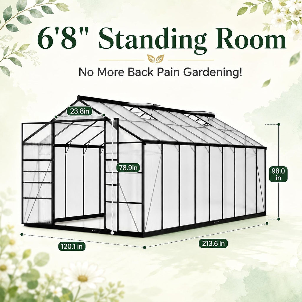 10x18 FT Greenhouse, Polycarbonate Walk-in Green House with Quick Setup Structure, Roof Vent & Aluminum Frame, Large