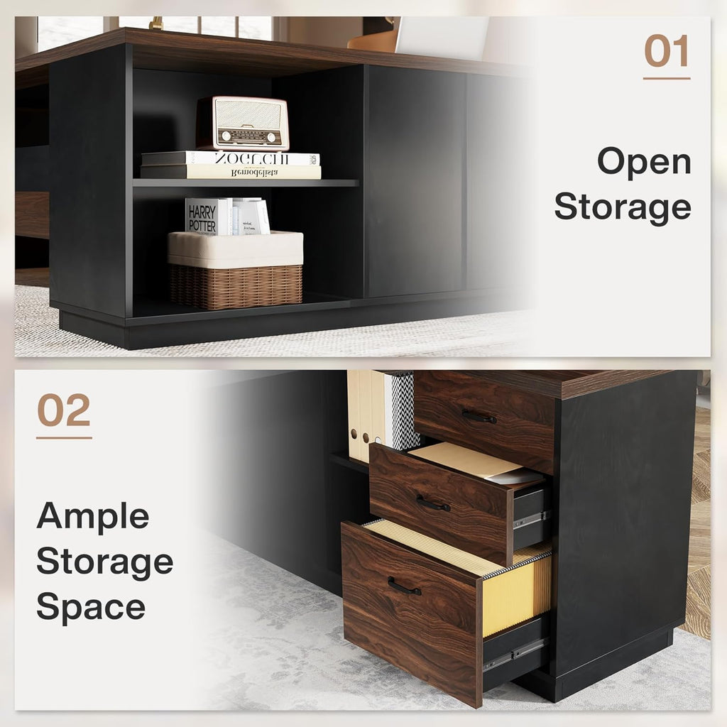 78" L-Shaped Executive Desk, Large Office Desk with Drawers and File Cabinet, Modern Business Furniture (Walnut & Black)