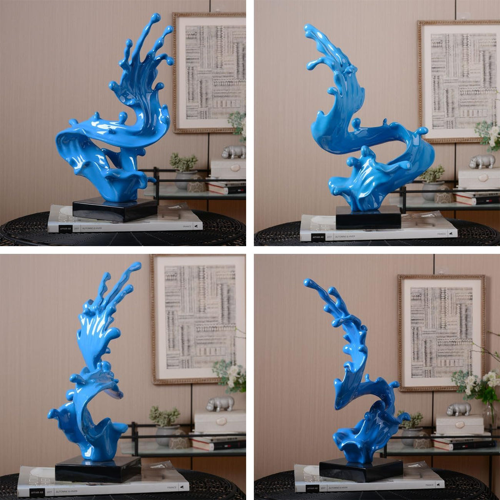Modern Sculpture Abstract Sea Wave Figurine Home Art Decor 16.1Inch | Blue Resin Handmade Statue with Black Base