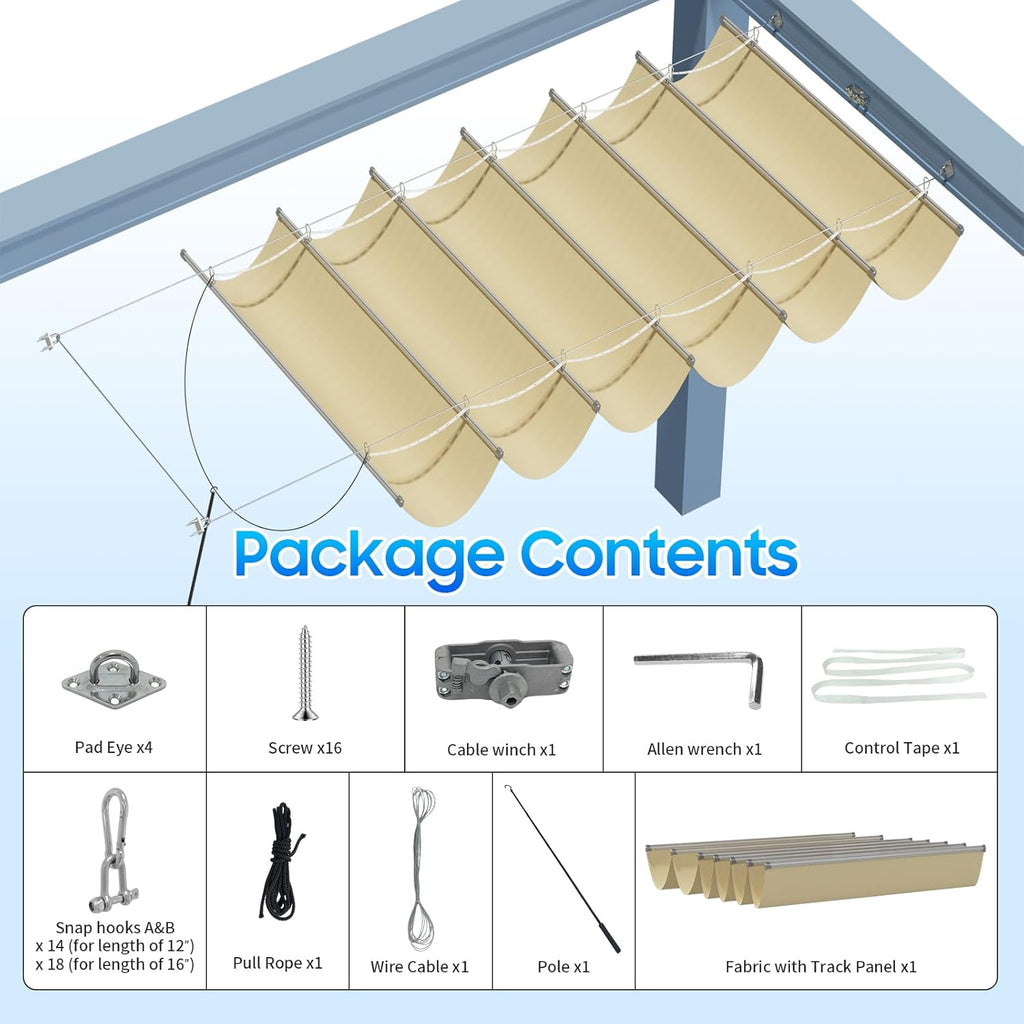 4'W X 18'L Retractable Awnings , Pergola Sliding Shade Cover high-Density Polyethylene Fabric, Wave Shade sail for
