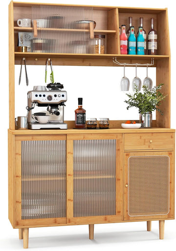69" Kitchen Pantry Cabinet, Bamboo Hutch Storage Cabinet w/Storage
