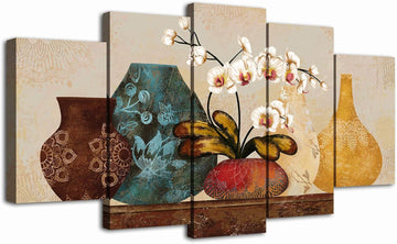 5 Piece Orchid Wall Art Canvas Vintage Flower in Retro Vase Picture Artwork Farmhouse Still Life Painting Prints