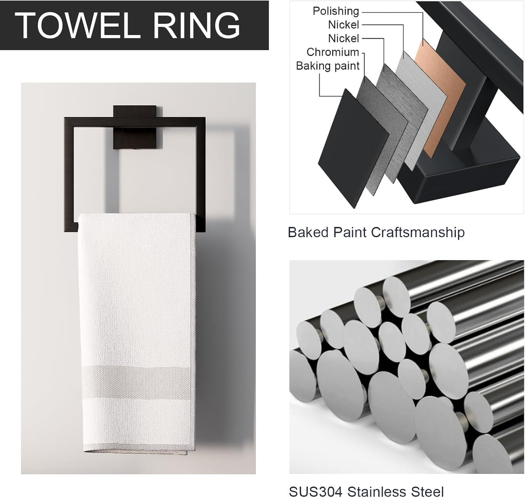5-Piece Matte Black Bathroom Accessories Set, SUS304 Stainless Steel Wall Mounted 14.2 Inch Hand Towel Bar, Toilet