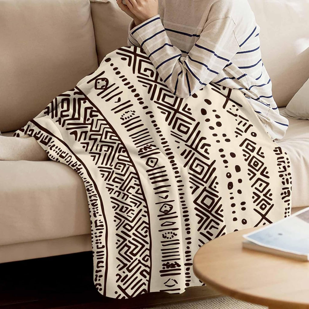 Boho Beige Throw Blanket Fleece Blanket, Vintage Tribe African Texture Soft Microfiber Fuzzy Cozy Lightweight Blankets