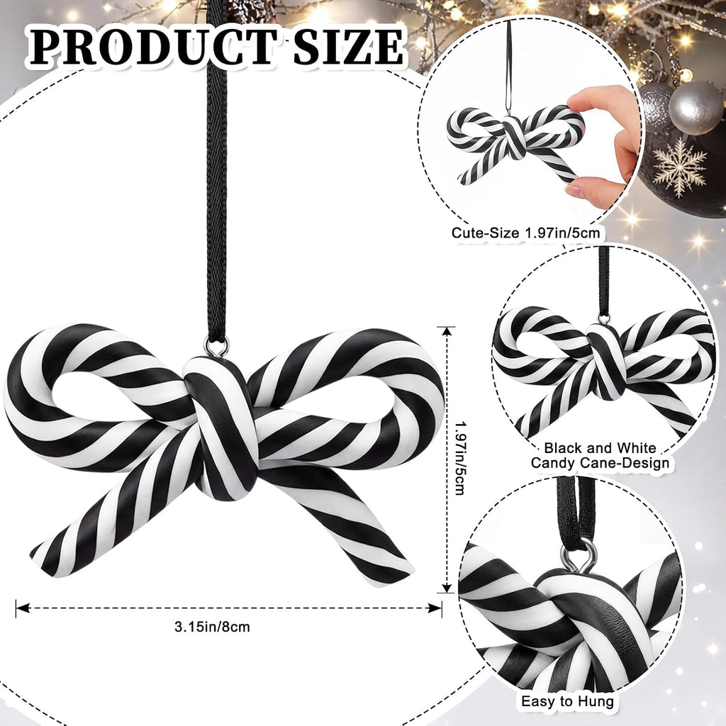 Black and White Bow Candy Cane Christmas Ornaments Christmas Tree Decoration Stripe Candy Cane Hanging - Set of 24
