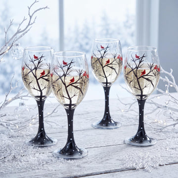 4 Set Christmas Stemmed Wine Glasses Hand Painted Branch
