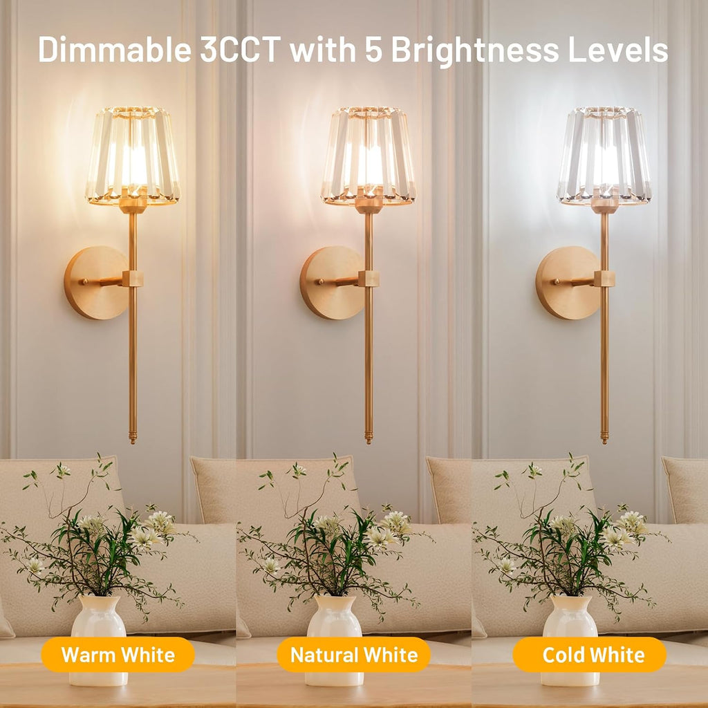 Crystal Battery Operated Wall Sconces Set of 2, Gold Rechargeable Wireless Wall Sconce Lights with Crystal Lampshade