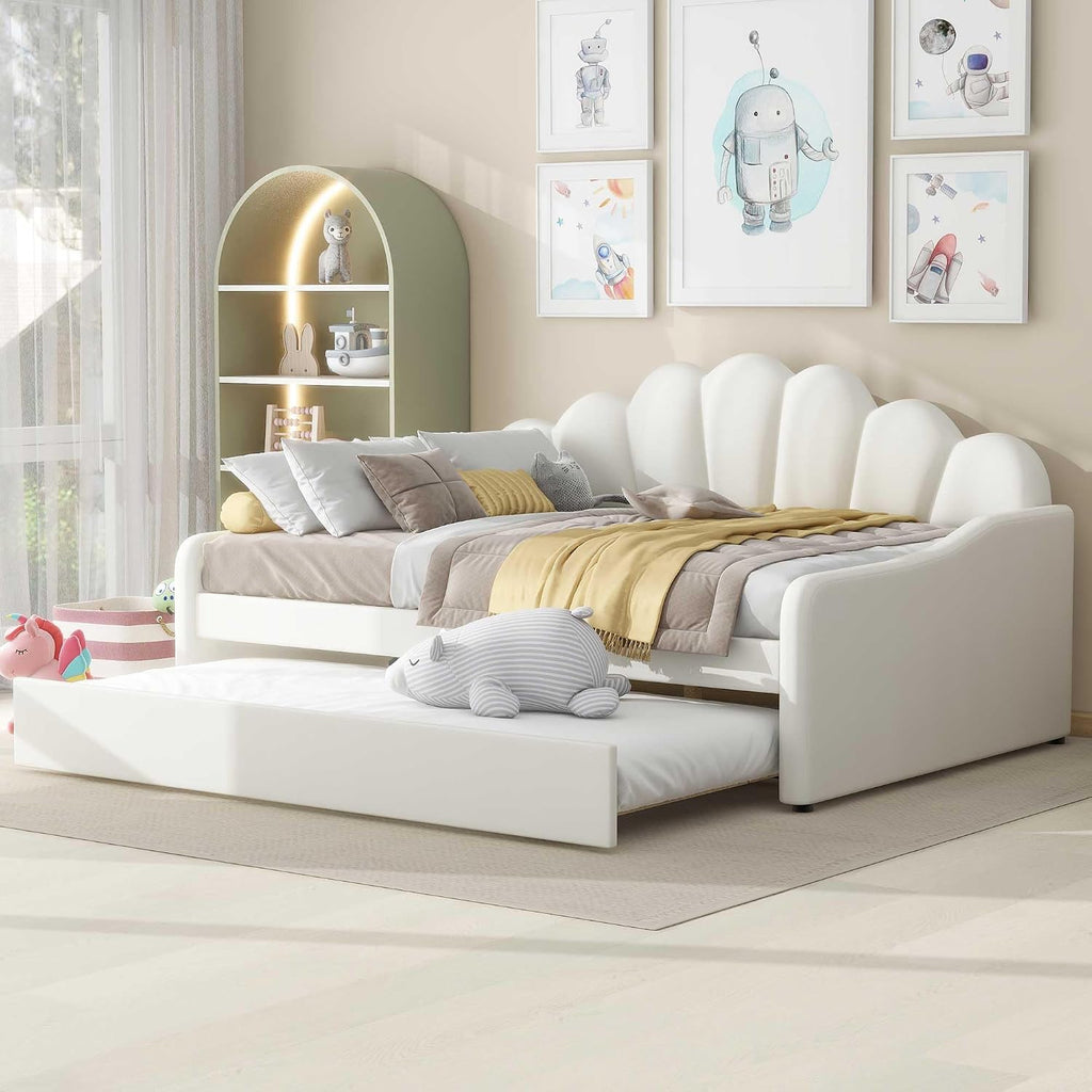 Full Size Daybed with Trundle,Velvet Upholstered Day Bed Frame Full with Shall Shaped Backrest and Wood Slat