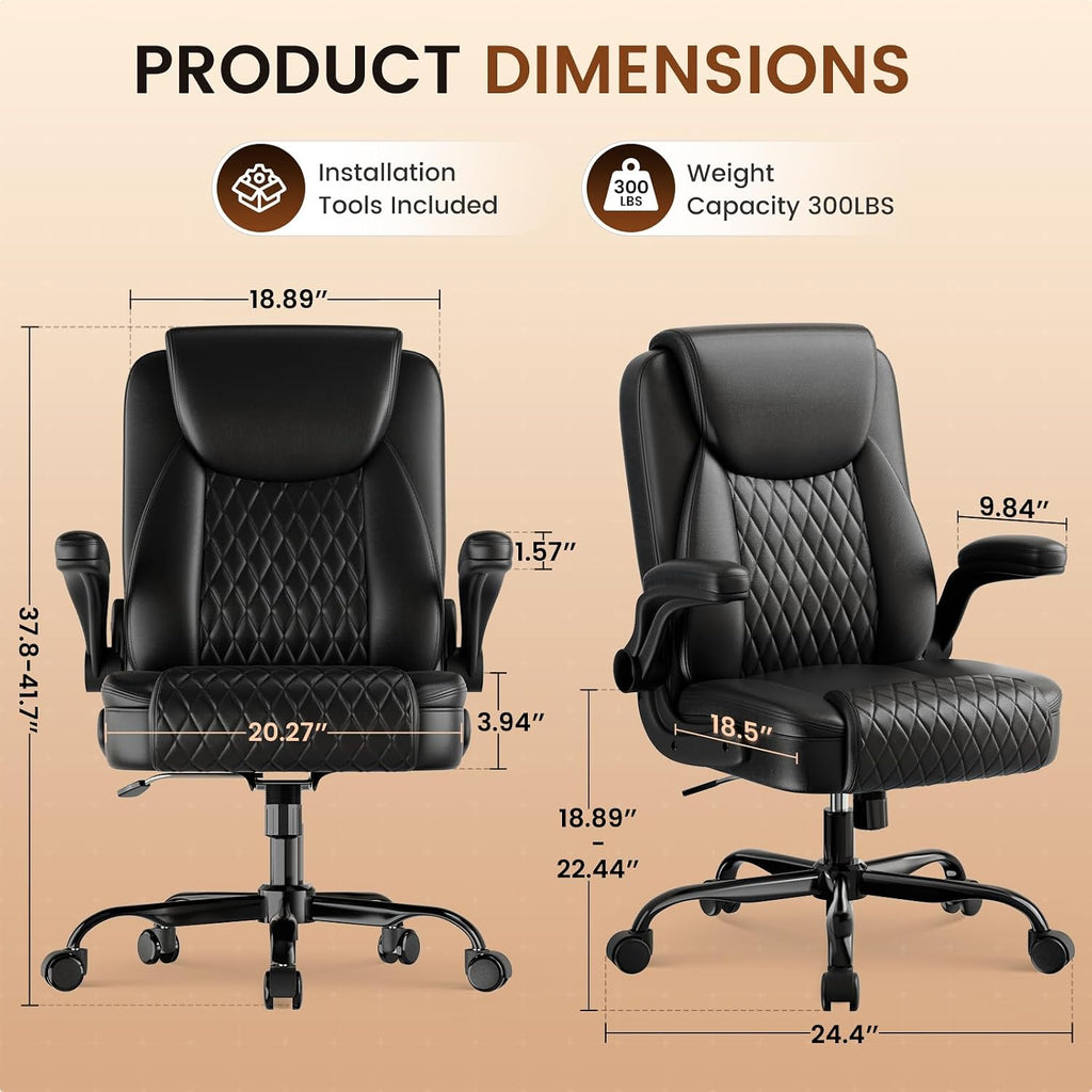 Leather, Home Desk Chair with Flip-up Arms and Ergonomic Back - Comfy Heavy Duty Executive Chair for Home Office