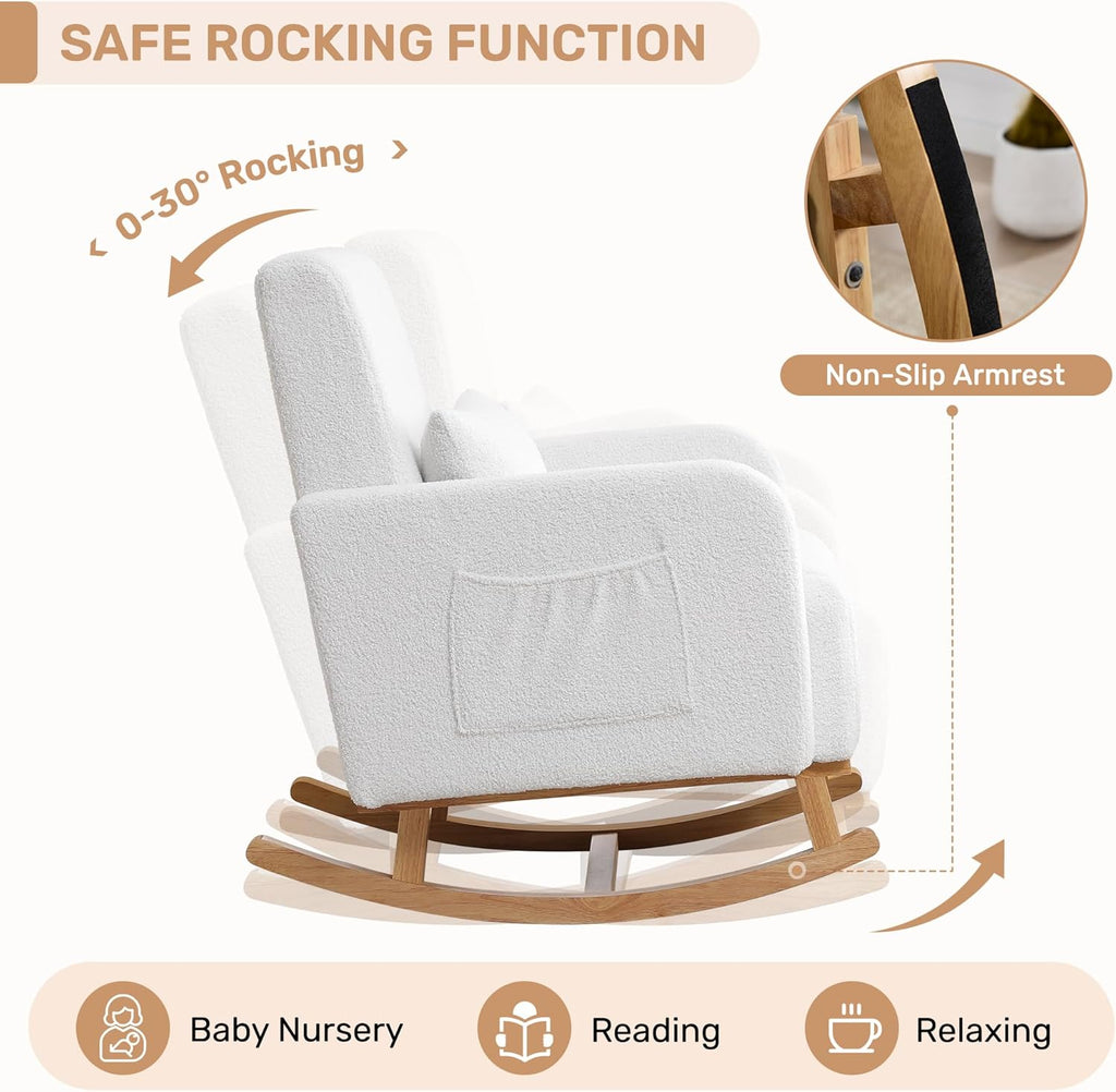 Rocking Chair with Ottoman, Upholstered Glider Rocker with High Backrest and Side Pocket, Comfy Reading Chair with