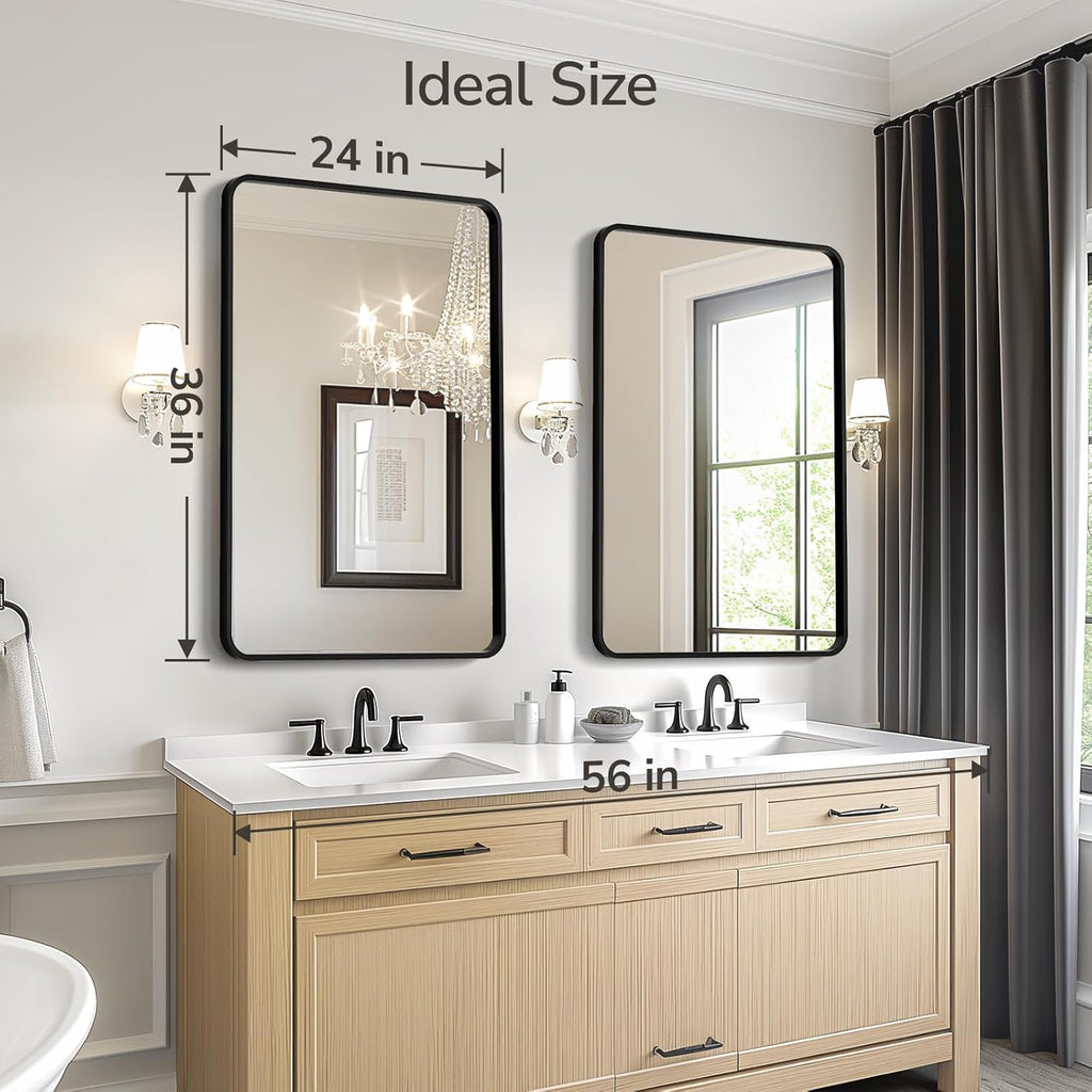 2-Pack Black Bathroom Mirrors for Over Sink 24 x 36 Inch, Metal Frame Rectangle Wall Mirror, Modern Farmhouse Vanity