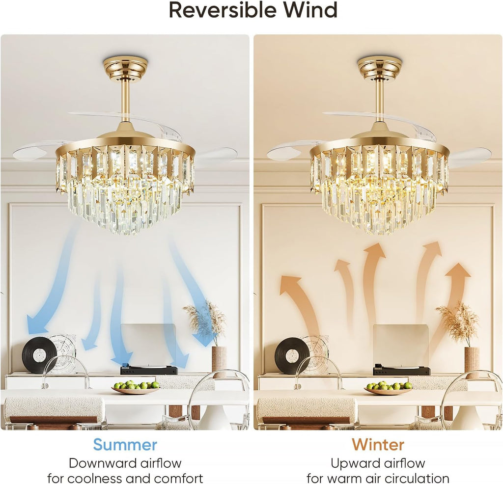 42" Fandelier Ceiling Fan with Light, Crystal Chandelier Fan with Retractable Blades Dimmable Crystal Ceiling Fan