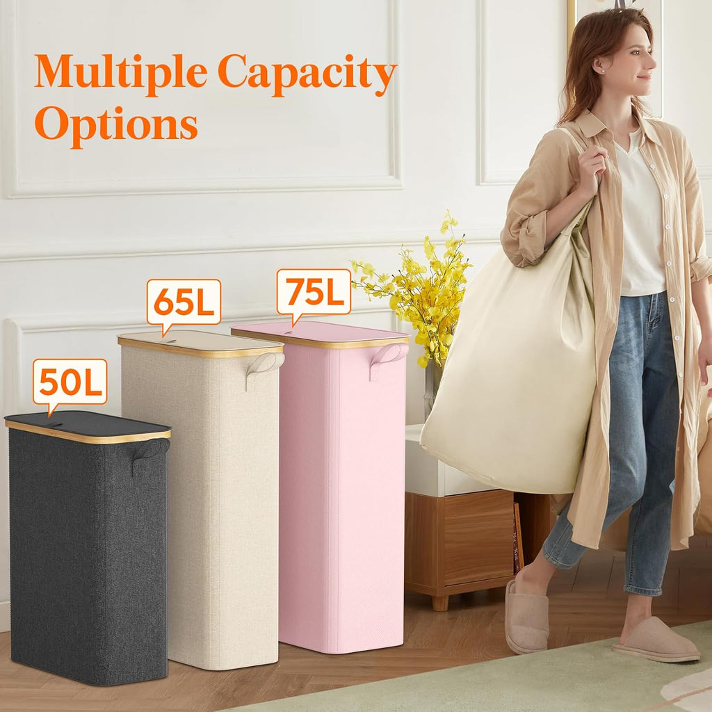 65L Slim Laundry Hamper with Lid, Narrow Laundry Basket with Removable Bag & Bamboo Handles, Fodable Thin Dirty