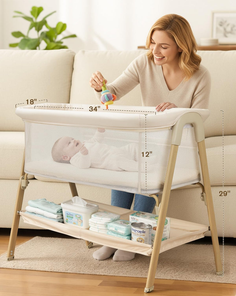Bassinet, Bedside Bassinet for Baby | Bassinet Bedside Sleeper with Mattress, Storage Basket and 4 Auto-Lock Wheels