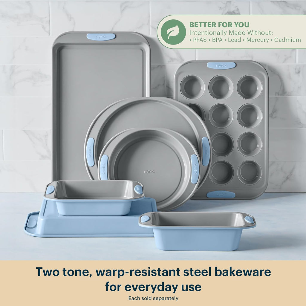3-Piece Metal Cookie & Muffin Sheet Bakeware Set, Cerulean | Lightweight stainless steel trays with heatsafe silicone