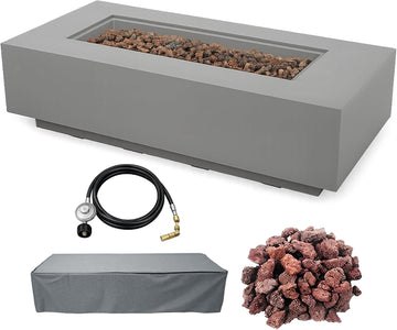 AMS 60" Rectangular Concrete GFRC Propane Gas Fire Pit Table (Light Gray) | (Madison) Smooth Texture Fire Pit Table