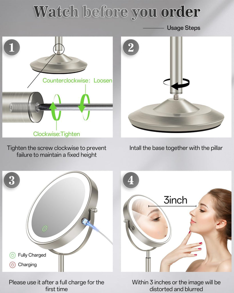Makeup Mirror with Lights, 1X/30X Lighted Magnifying Mirror Height Adjustable, 3000mAh Rechargeable Double Sided