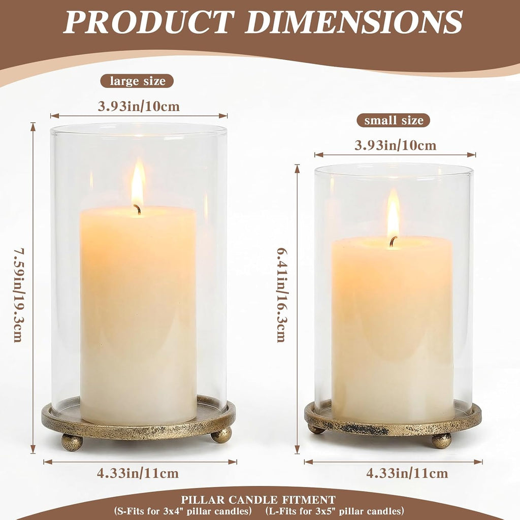 Hurricane Candle Holders Set of 2 - Pillar Candle Stands with Glass Sleeves for Fireplace Mantel & Dining Table