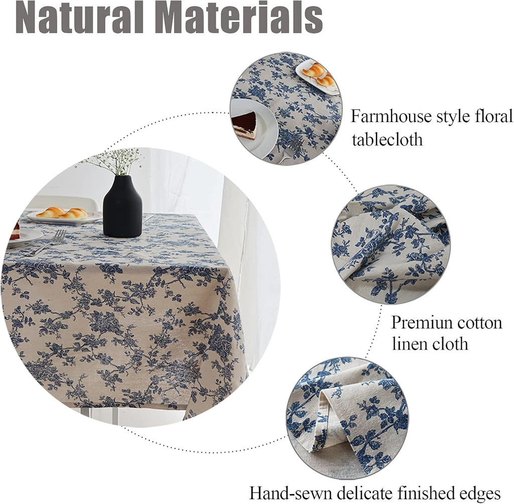 Cotton Linen Vintage Rectangle Tablecloth Pastoral Floral Rustic Table Cloth Washable Table Cover,Fa