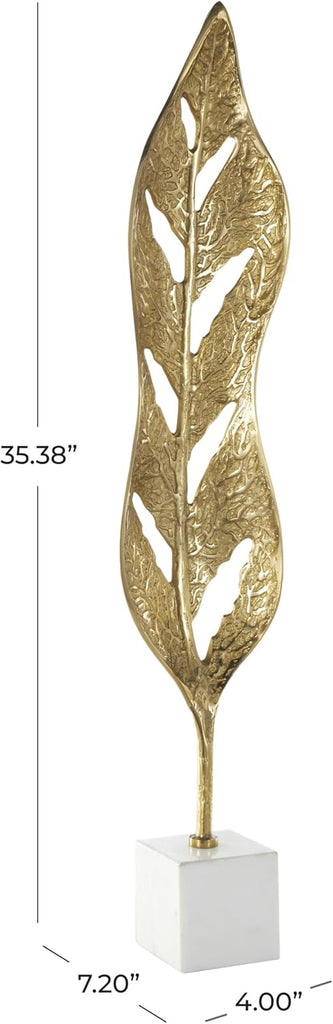 79 Aluminum Metal Leaf Decorative Sculpture Tall Textured Cutout Home Decor Statue with White Marble Base, Accent