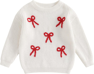 Toddler Baby Girl Knit Sweater Bow Embroidery Chunky Sweatshirt Tops Oversized Warm Christmas Fall Winter Clothes