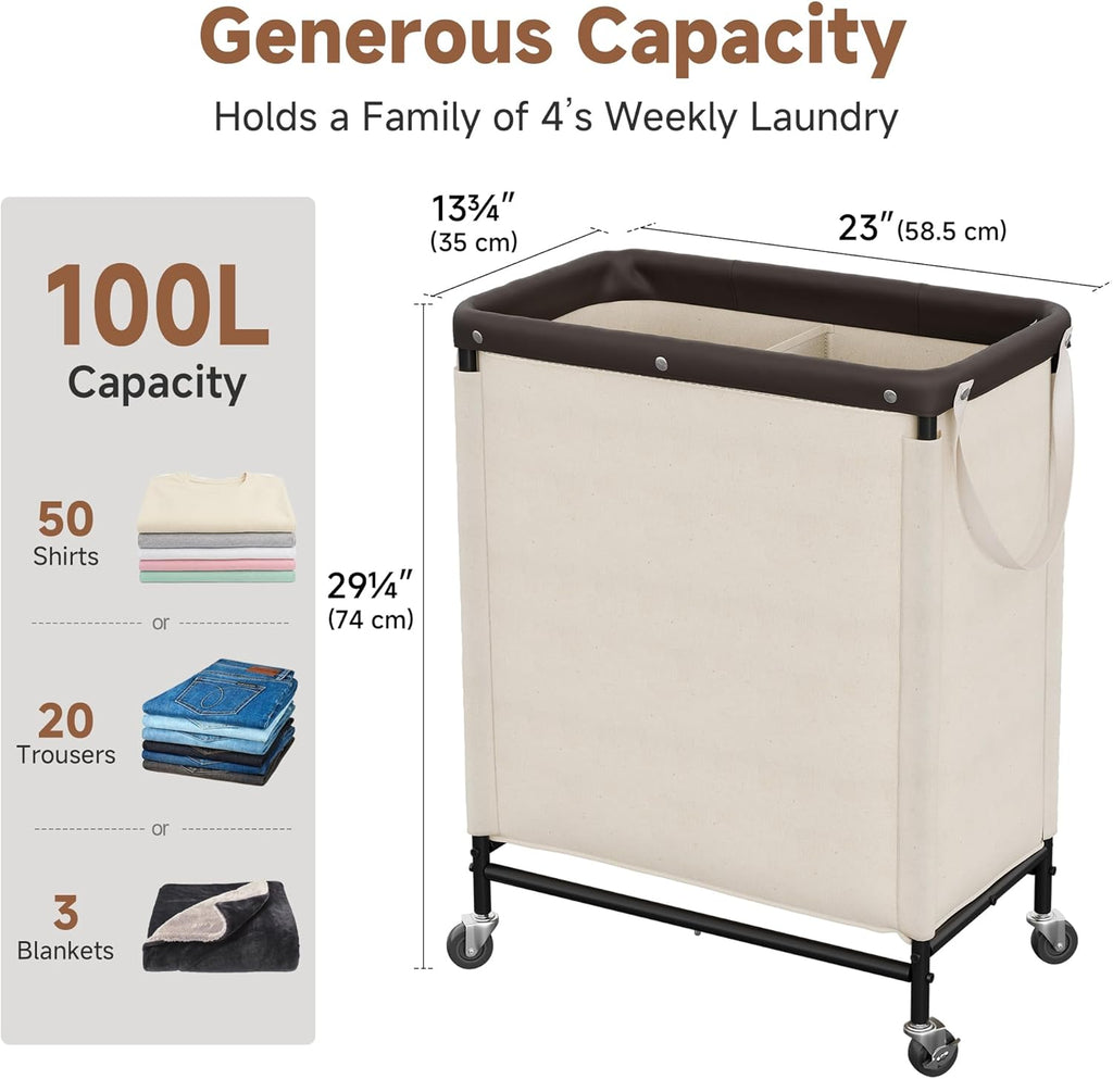 2 Section Laundry Hamper, 100L Beige Sorter Cart with Wheels