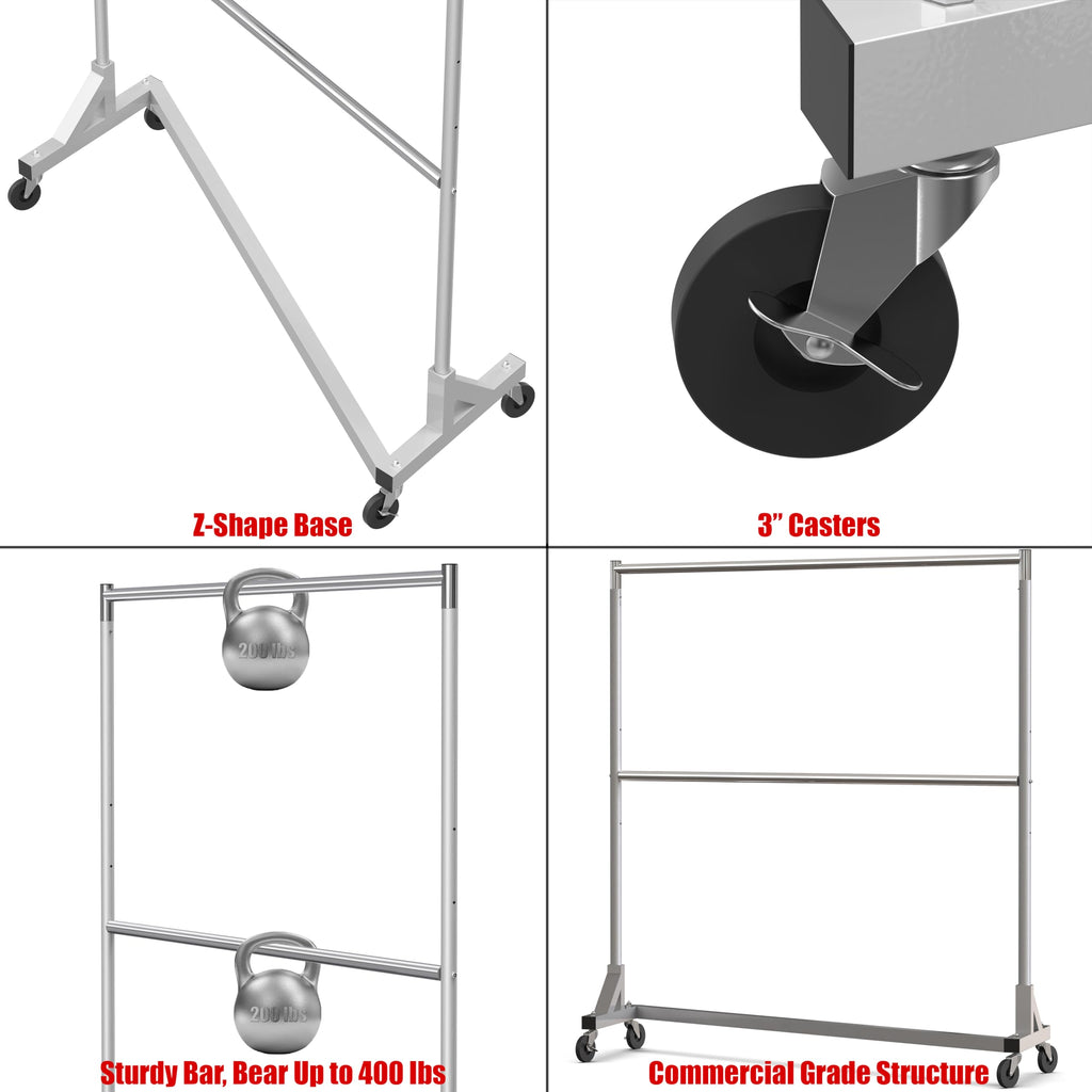 Commercial Grade Z-Base Double Rod Garment Rack, Silver