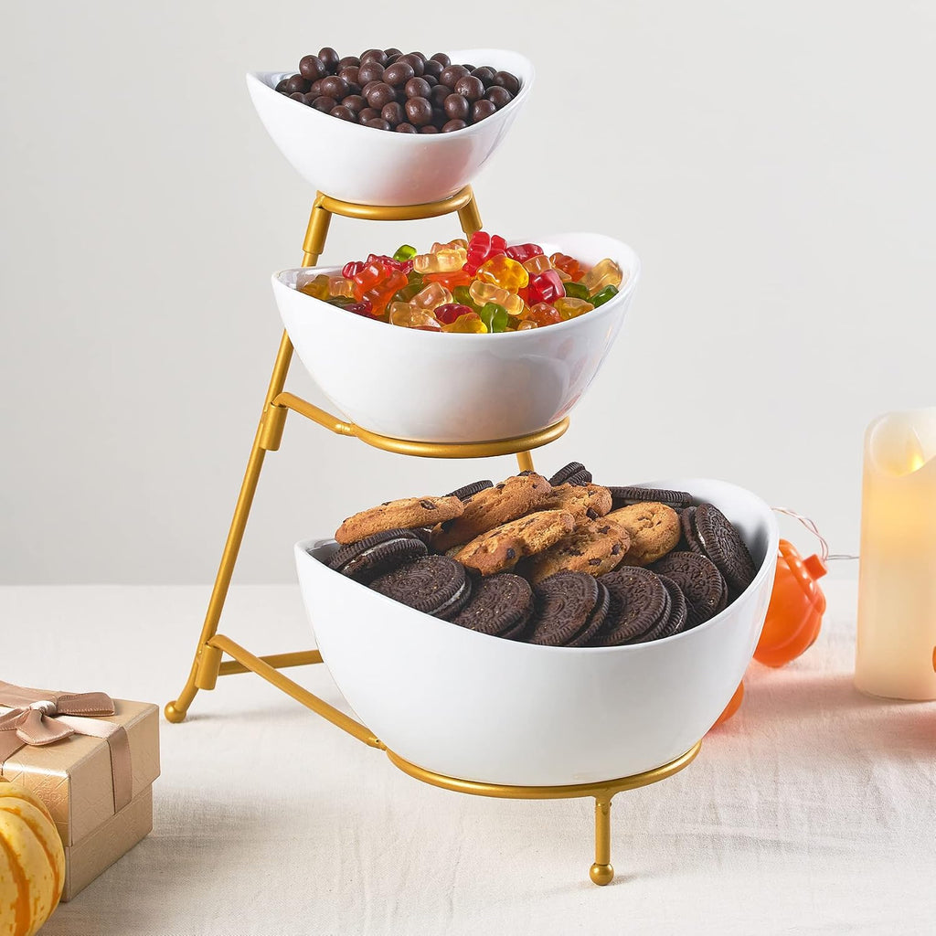 3 Tier Serving Bowls Set Tiered Serving Stand, Porcelain Oval Bowls with Collapsible Metal Stand for Entertaining