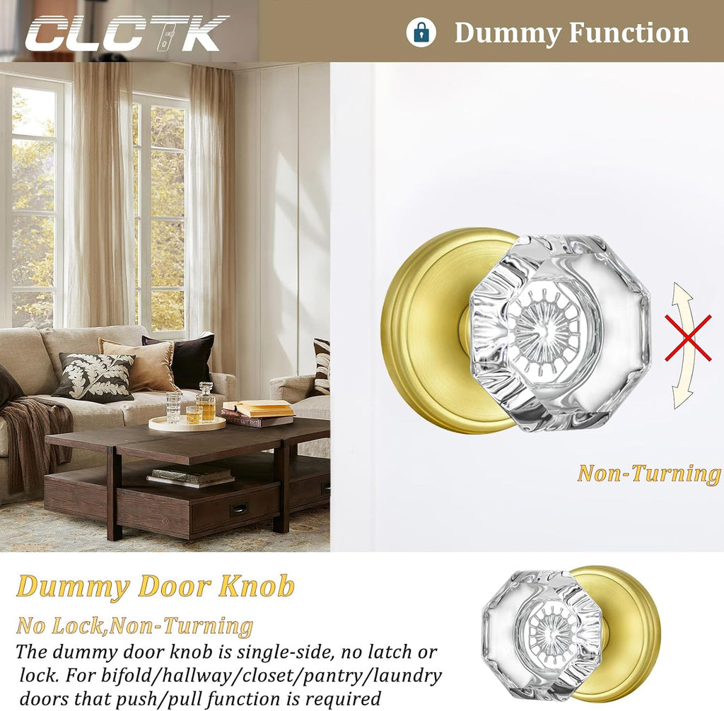2 Pack Gold Dummy Door Knobs Interior, Non Turning Crystal Glass Dummy Door Knobs for Hall Closet Bifold, Satin Brass