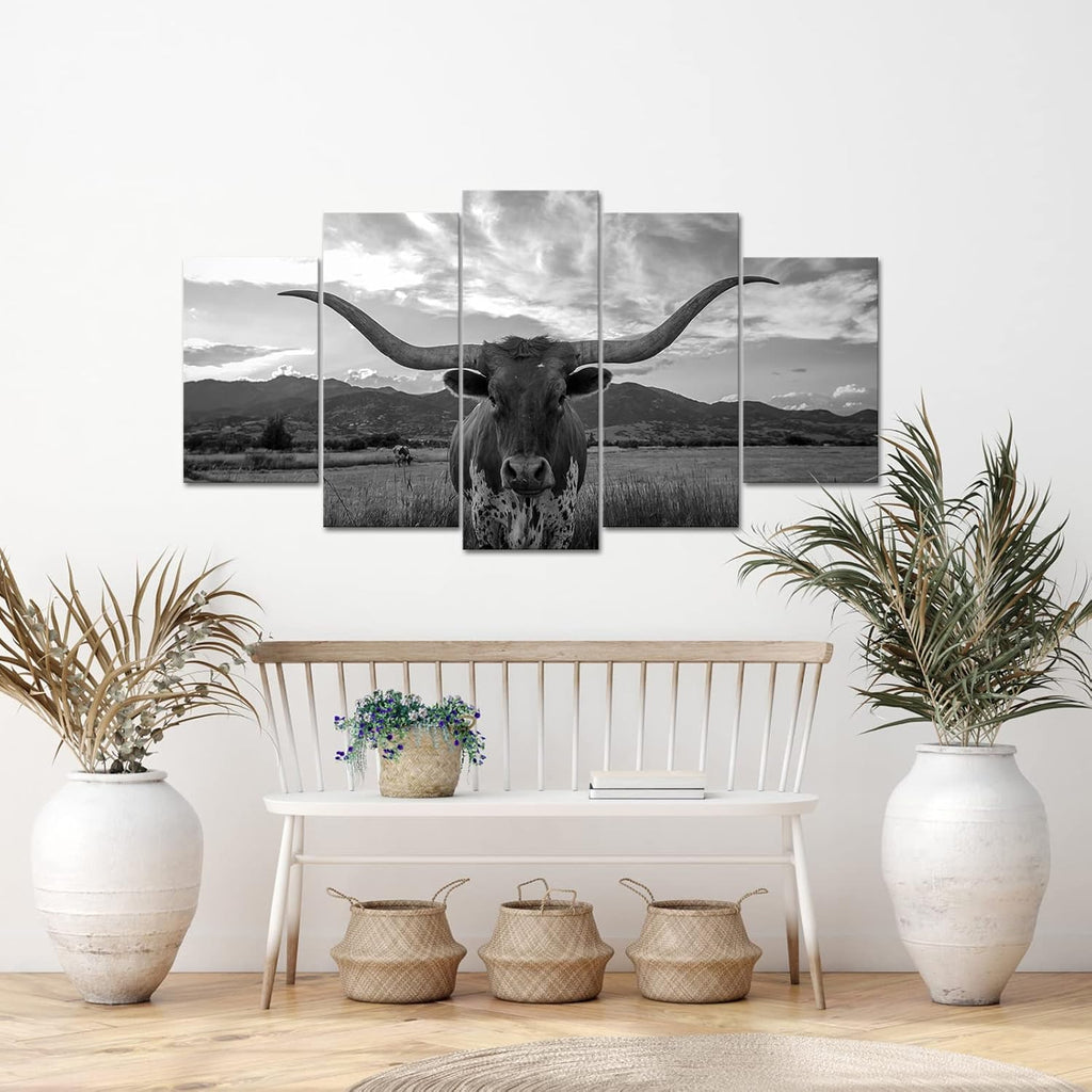 5 Piece Texas Animal Canvas Wall Art Longhorn Black & White Canvas Print Modern Canvas Paintings Living Room Wall