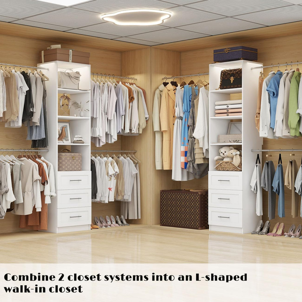 Closet Organizer System with Drawers, Wall Mounted 5FT-9FT White | 3 Wooden Storage Drawers, 4 Expandable Hanging