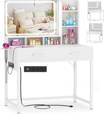 Small Vanity Desk, Vanity Desk with Mirror and Lights, Makeup Vanity Desks with Power Strip, Vanity Table with